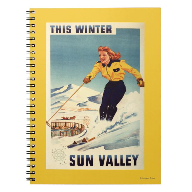 Carnet Poster d'une femme à tête rouge souriant et skiant (Devant)
