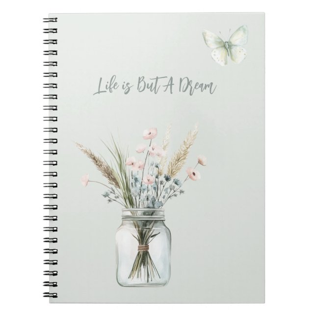 Carnet Pot de fleurs bleues avec papillon rose tendre  (Devant)