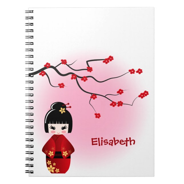 Carnet Poupée kokeshi japonaise aux fleurs de sakura (Devant)