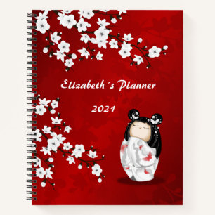 Carnet Poupée Kokeshi Rouge Blanc Cerisier Blossom Votre