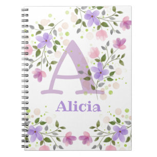 Carnet Premier Initial Plus Nom Alicia avec Fleurs