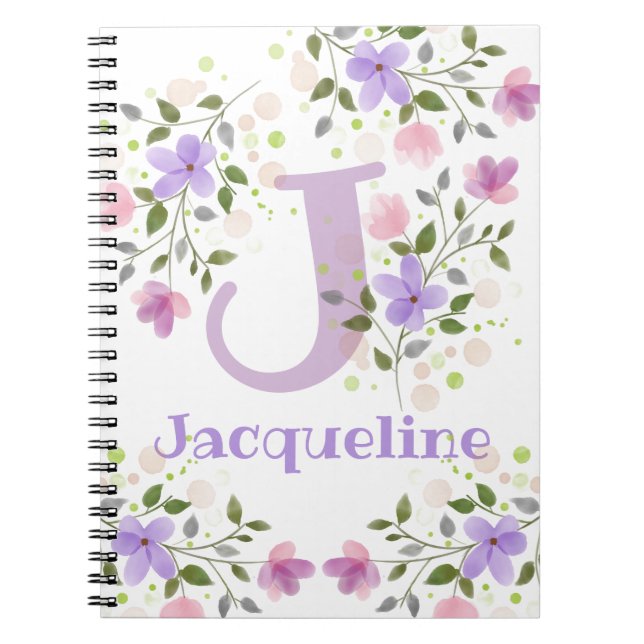 Carnet Premier Initial Plus Nom Jacqueline avec Fleurs (Devant)