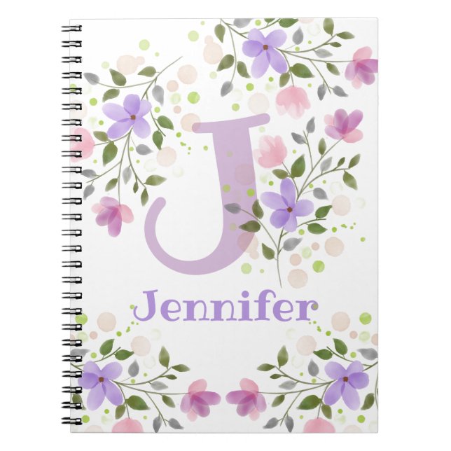 Carnet Premier Initial Plus Nom Jennifer avec Fleurs (Devant)
