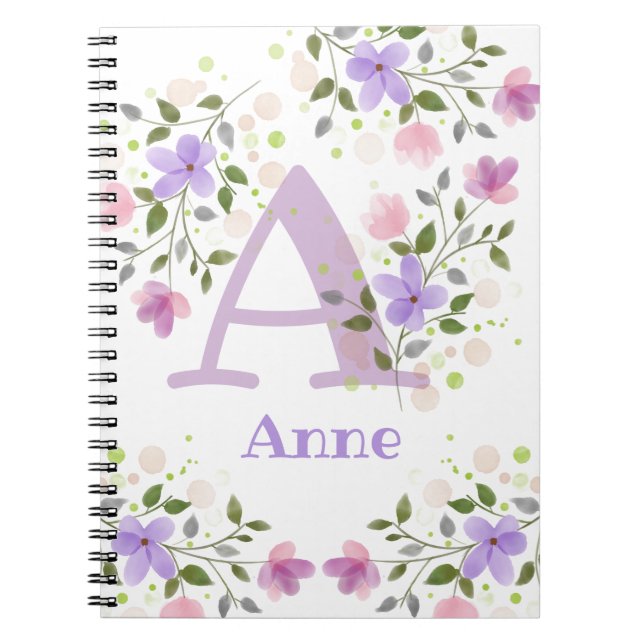 Carnet Première initiale plus le nom Anne avec des fleurs (Devant)