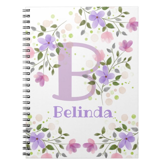 Carnet Première initiale plus nom Belinda avec des fleurs (Devant)