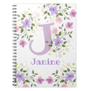 Carnet Première initiale plus nom Janine avec des fleurs