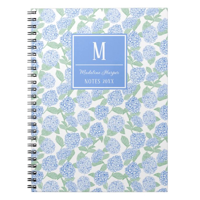 Carnet Preppy Blue and Green Hydrangeas Monogram (Devant)