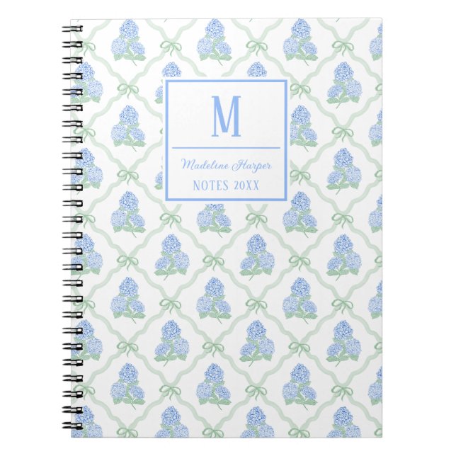 Carnet Preppy Trellis Bow Blue & Green Hydrangeas Monogra (Devant)