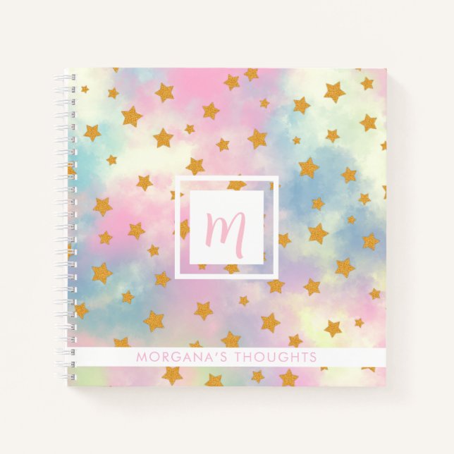 Carnet Pretty Pink Pastel with Gold Stars Monogram Square (Devant)