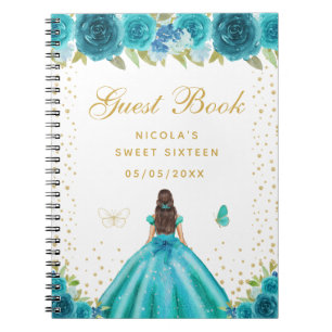 Carnet Princesse aux cheveux bruns floraux sarcelle Sweet