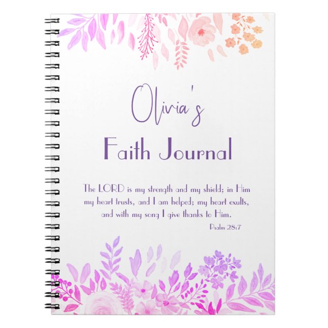 Carnet Psaume 28:7 Joyeuse Lilac rose Fleur foi prière (Devant)