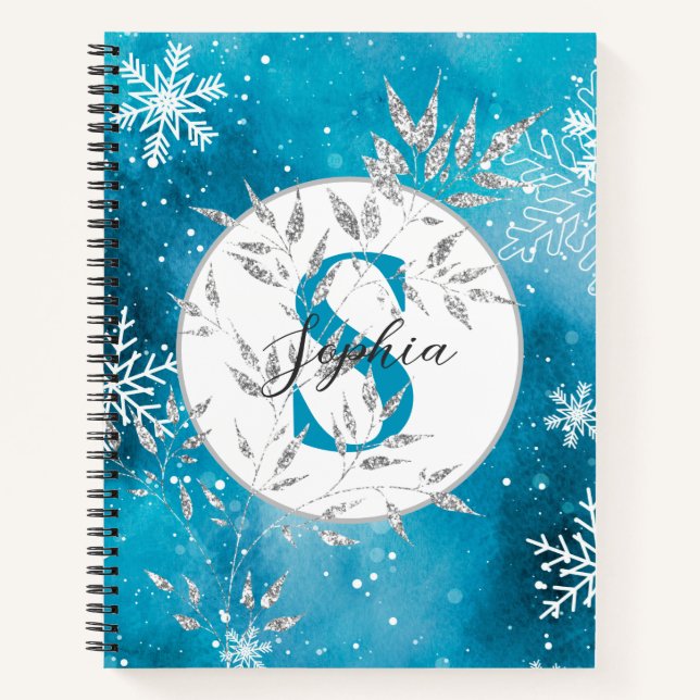 Carnet Puce de Noël en argent bleu étincelant Monogramme (Devant)