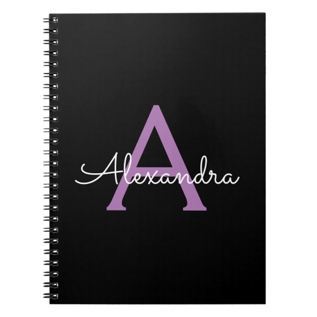 Carnet Purple Black Script Girl Nom du monogramme (Devant)