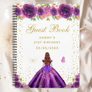 Carnet Purple Floral Brown Hair Princess Guest Book