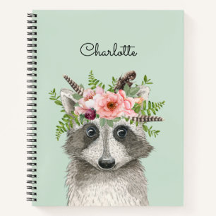 Carnet Raccoon de Boho mignon avec couronne de fleurs et 
