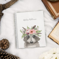 Raccoon mignon avec couronne florale aquarelle