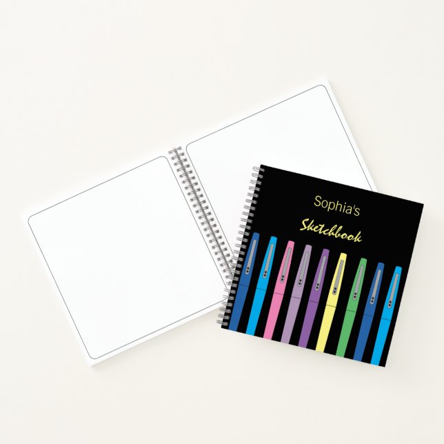 Carnet Rainbow Ink Stylos Kid Black Sketbook avec nom (Intérieur)