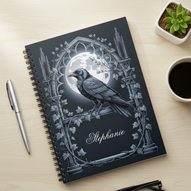 Carnet Raven Under Moon Gothic Midnight spiral photo (Dark academia personalized photo notebook)