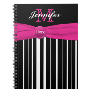 Carnet rayé rose noir blanc personnalisé