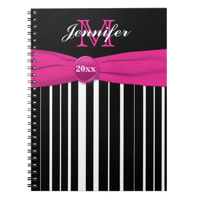 Carnet rayé rose noir blanc personnalisé (Devant)