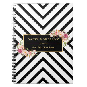 Carnet Rayures blanches noires abstraites et cadre floral