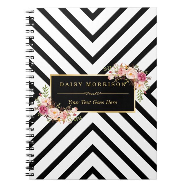 Carnet Rayures blanches noires abstraites et cadre floral (Devant)