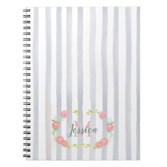 Carnet Rayures d'aquarelle et monogramme floral (Devant)