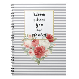 Carnet Rayures grises rose rouge blanc floral cœur florai