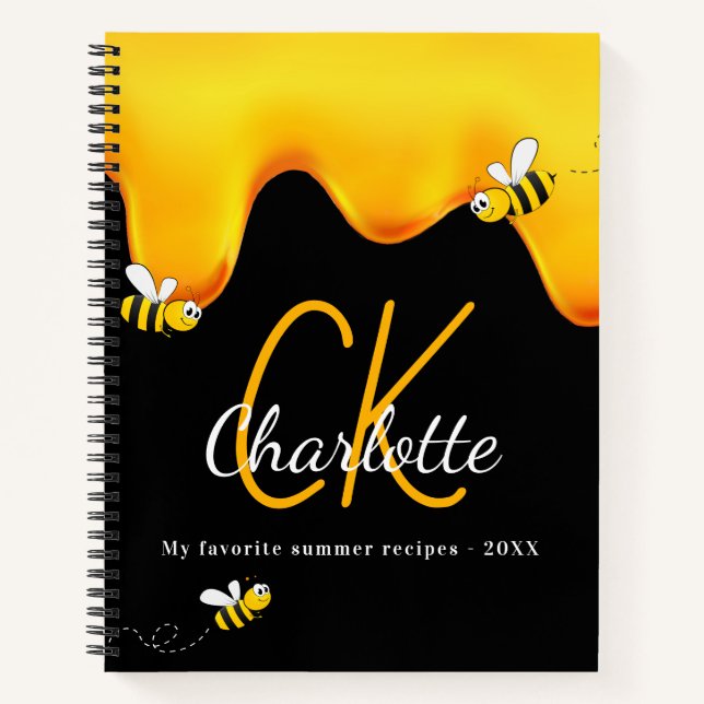 Carnet Recette abeilles noir gouttes de miel monogramme (Devant)