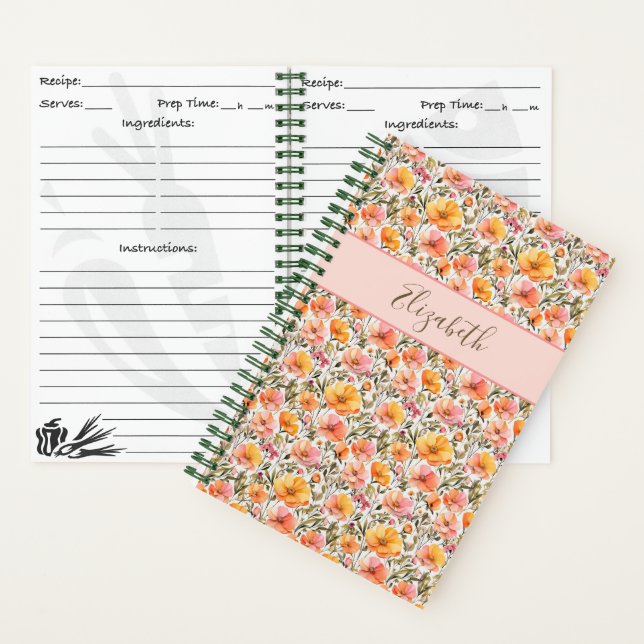 Carnet Recette Fleur sauvage rose jaune orange monogramme (À l'intérieur)