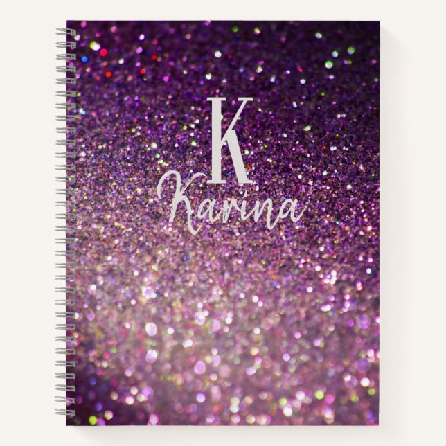 Carnet Recette monogramme script nom violet paillettes sc (Devant)