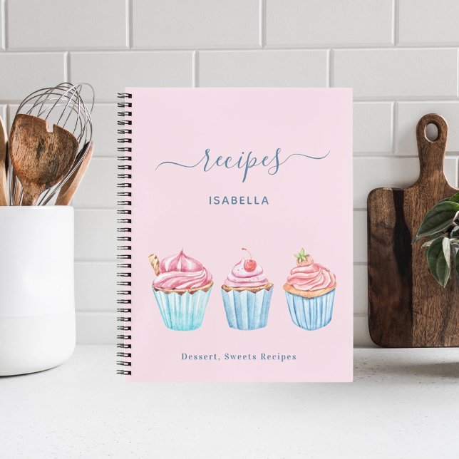 Carnet Recette pâtisserie rose pâle nom de cupcakes bleu (Créateur téléchargé)