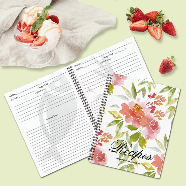 Carnet Recette personnalisée Flore rouge (Red Floral Personalized Recipe Notebook - SOFT or HARD cover)
