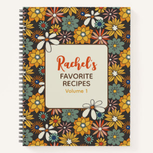 Carnet Recette personnalisée Retro Floral Brown Gold Turq