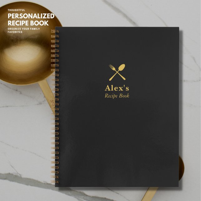 Carnet Recette simple moderne de monogramme noir et or (Créateur téléchargé)