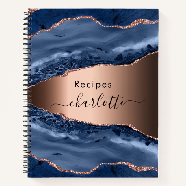 Carnet Recettes bleu agate marbre rose or nom script (Devant)