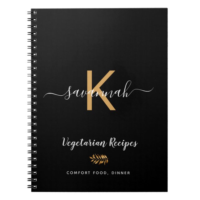 Carnet Recettes de cuisines végétariennes noires Monogram (Devant)