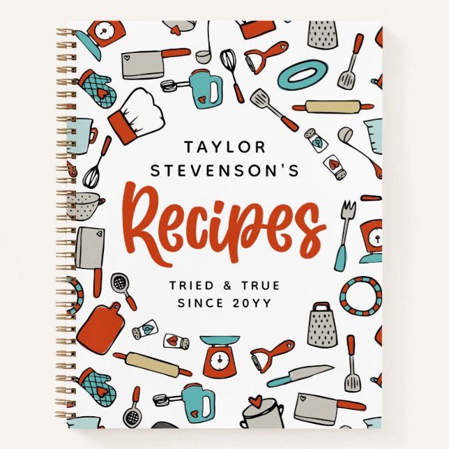 Carnet Recettes d'ustensiles de Cuisine rouge Turquoise (Devant)
