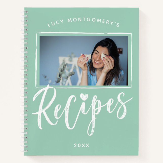 Carnet Recettes Photo Écriture Manuscrit Blanc Vert Menth (Devant)