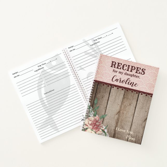 Carnet Recettes Pour Fille Personnalisée Floral Bois (Intérieur)