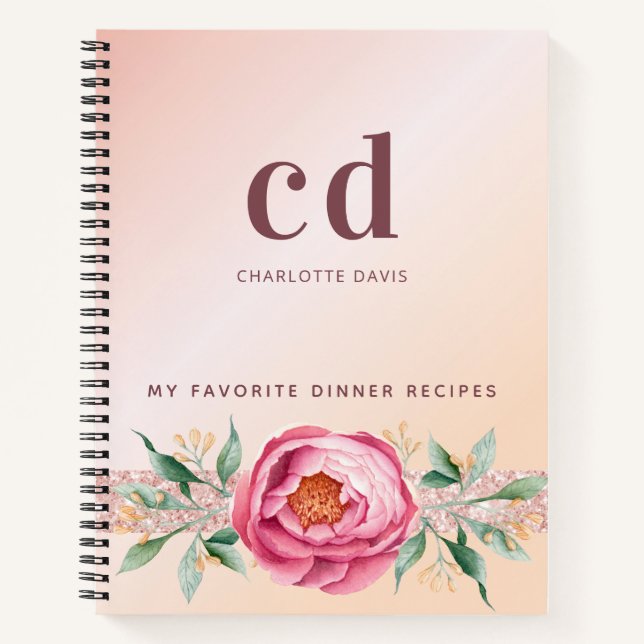 Carnet Recettes rose bleu or fleur monogramme (Devant)