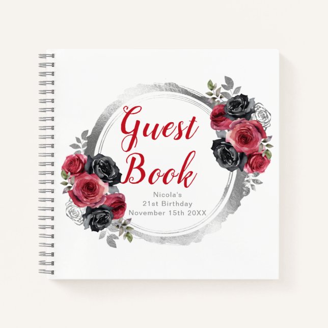 Carnet Red and Silver Elegant Flowers Birthday Guest Book (Devant)