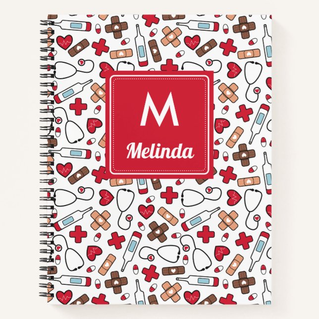 Carnet Red Cute Médicale Motif Nurse Monogrammé (Devant)