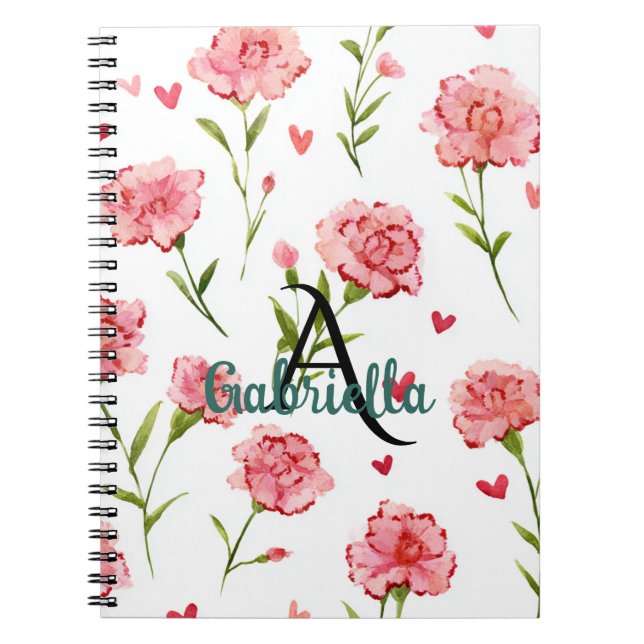 Carnet Red Hearts Flowers Monogram Name (Devant)