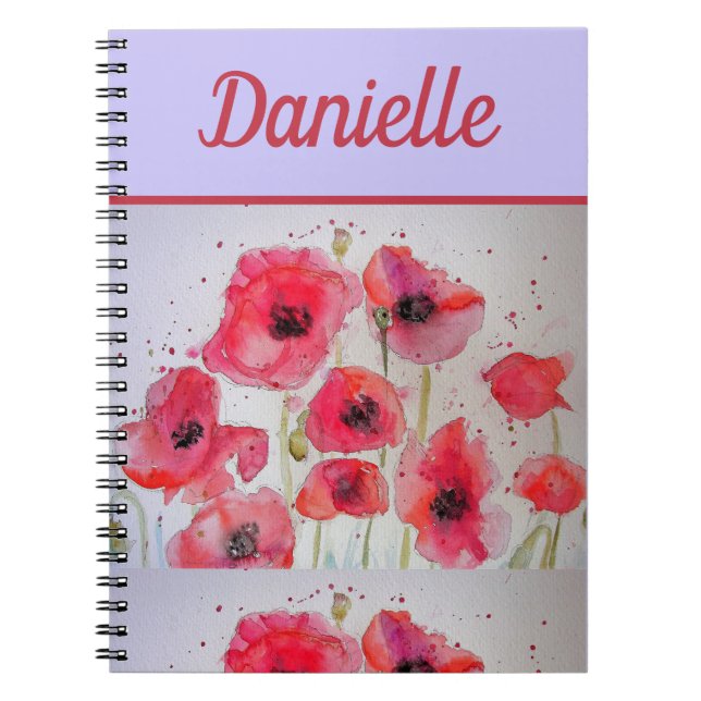 Carnet Red Poppy Red Flower Aquarelle Art femmes Nom (Devant)