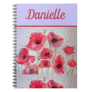 Carnet Red Poppy Red Flower Watercolor Nom des femmes dan