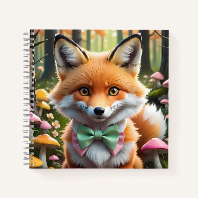 Carnet Renard mignon avec un nœud vert et rose (Devant)