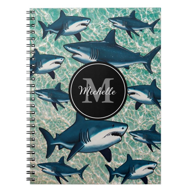 Carnet Requin blanc bleu élégant Monogramme personnalisé  (Devant)