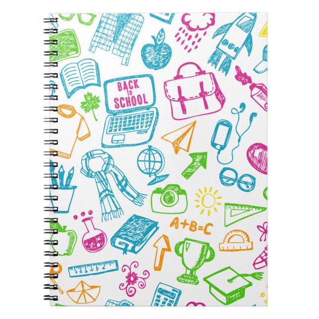 Carnet Retour À L'Ordinateur Portable De L'École (Dynamic overhead shot: A colorful notebook filled with back-to-school doodles.)