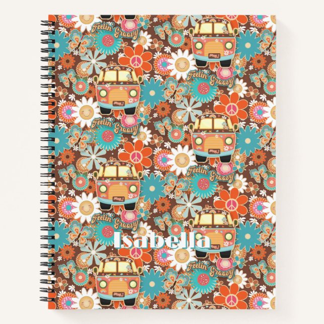 Carnet RETRO 70s 60s Hippy Van Feeling Groovy Floral Name (Devant)
